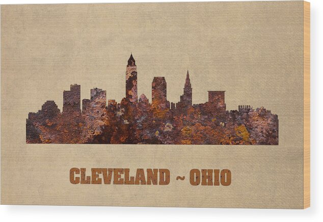 Cleveland Ohio Wood Print featuring the mixed media Cleveland Ohio City Skyline Rusty Metal Shape on Canvas by Design Turnpike