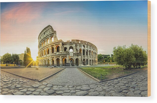 Arch Wood Print featuring the photograph Colosseum in Rome and morning sun, Italy by DieterMeyrl