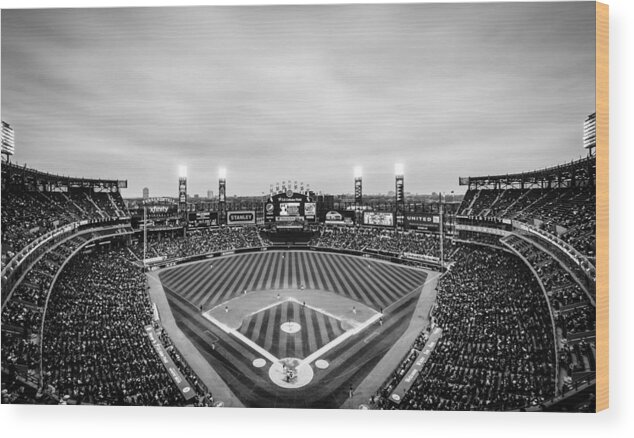 Chicago Wood Print featuring the photograph Comiskey Park Night Game - Black and White by Anthony Doudt