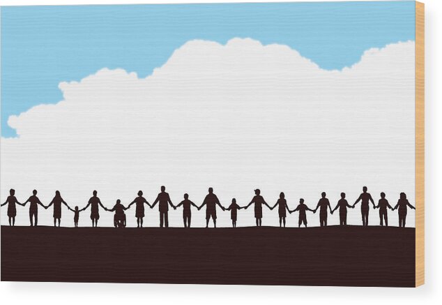 Child Wood Print featuring the drawing Community, People in a Row Holding Hands by KeithBishop