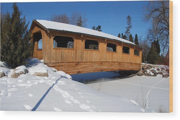 Lakeside Park Wood Print featuring the photograph Covered Bridge Crossing The Stream by Janice Adomeit