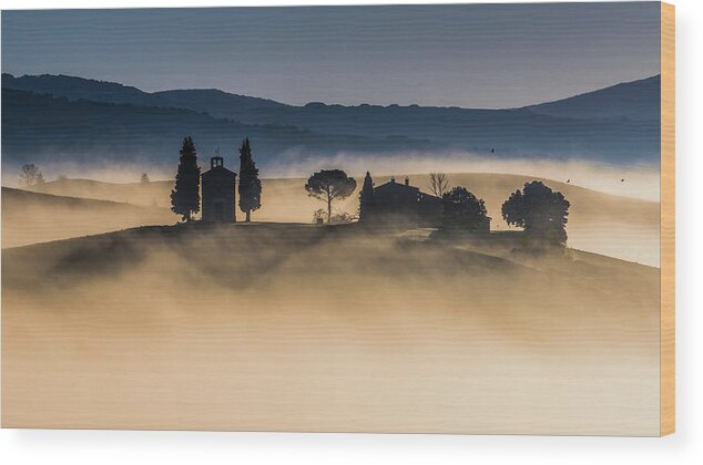 Dawn Wood Print featuring the photograph Foggy Dawn In Val D'orcia by Robert Debreczeni