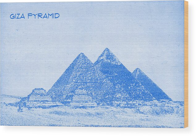 Giza Pyramid - Blueprint Drawing Wood Print featuring the digital art Giza Pyramid - BluePrint Drawing by MotionAge Designs