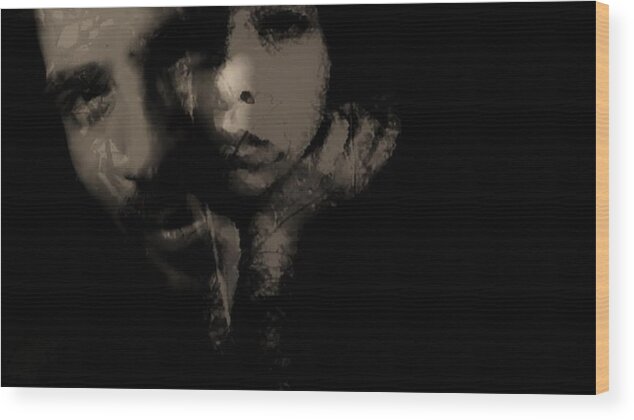 Emotional Emotive Black Sepia Women Man Photography Digital Art Wood Print featuring the photograph His amusement her content by Jessica S
