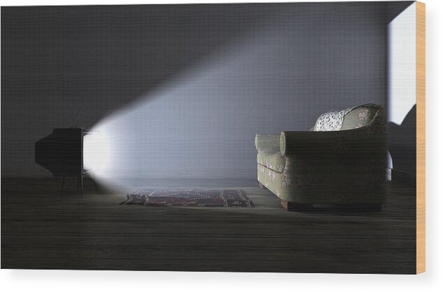 Old Wood Print featuring the digital art Illuminated Television And Lonely Old Couch by Allan Swart