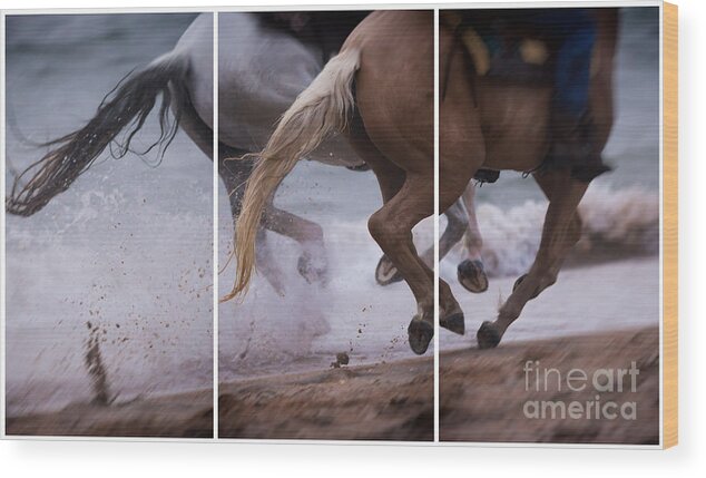 Galloping Horses On The Beach Wood Print featuring the photograph Kicking up the Sand by Mary Lou Chmura