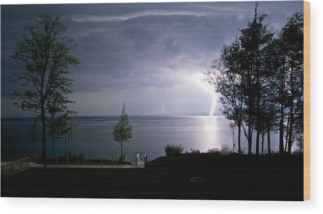 Landscapes Wood Print featuring the photograph Lightning on Lake Michigan at Night by Mary Lee Dereske