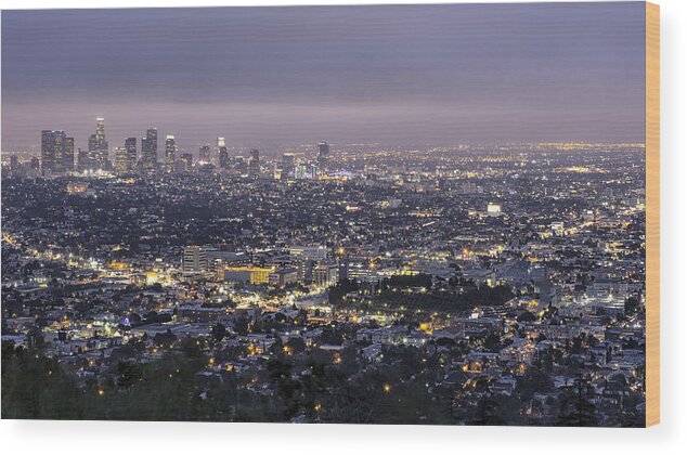 Los Angeles Wood Print featuring the photograph Los Angeles at Night from the Griffith Park Observatory by Belinda Greb