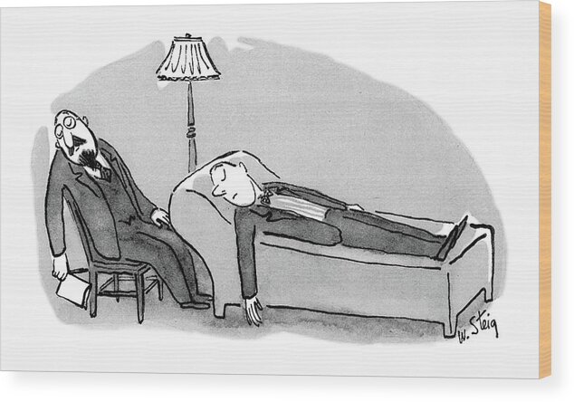 (man On A Psychiatrist's Couch. They Are Both Asleep.) Psychiatry Wood Print featuring the drawing New Yorker January 8th, 1955 by William Steig