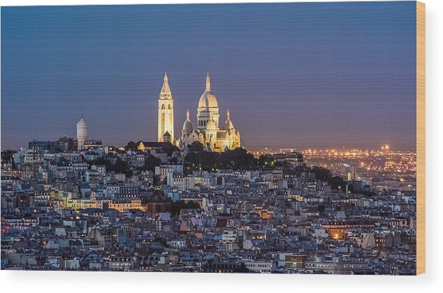 Sacre Coeur Wood Print featuring the photograph Sacred Heart at the summit of Montmartre Paris by Pierre Leclerc Photography