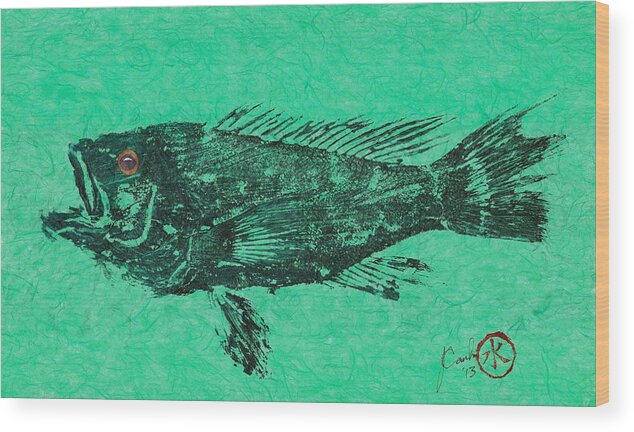 Gyotaku Wood Print featuring the mixed media Sea Bass on Aegean Green Thai Unryu Paper by Jeffrey Canha