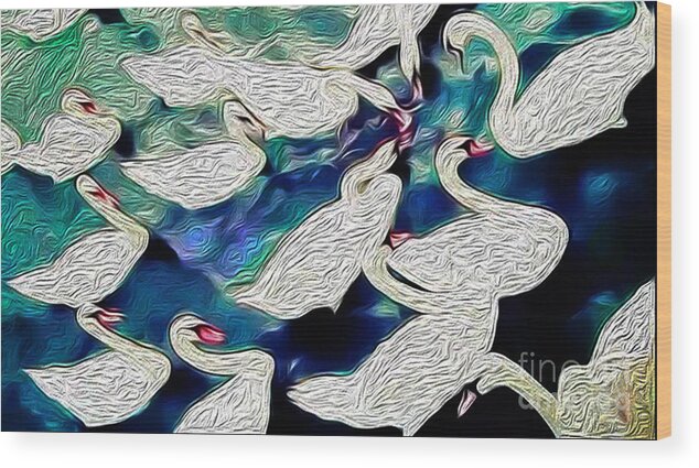 London Thames Kingston Uk Water River Swans Snowy White Wood Print featuring the photograph Snowy Swans I by Jack Torcello