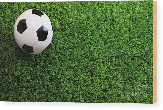 Ball Wood Print featuring the photograph Soccer ball on green grass by Sandra Cunningham
