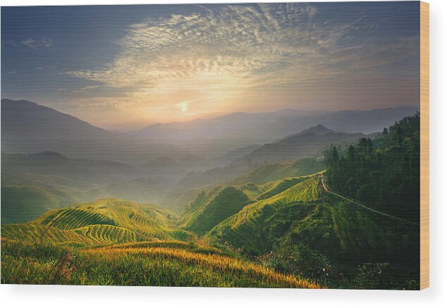 Guangxi Wood Print featuring the photograph Sunrise at Terrace in Guangxi China 5 by Afrison Ma