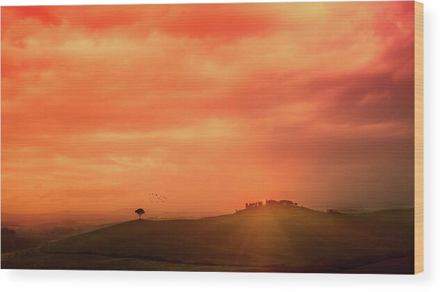 Orange Color Wood Print featuring the photograph Sunset Over The Tuscan Hills by Deimagine