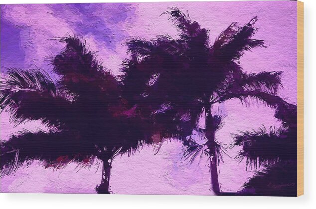 Anthony Fishburne Wood Print featuring the digital art Sunset purple palm tree by Anthony Fishburne