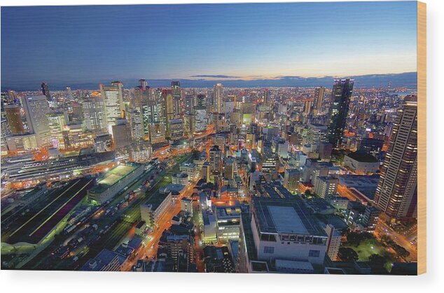 Tranquility Wood Print featuring the photograph Twilight View Of Skyline Of Osakas by Jake Jung