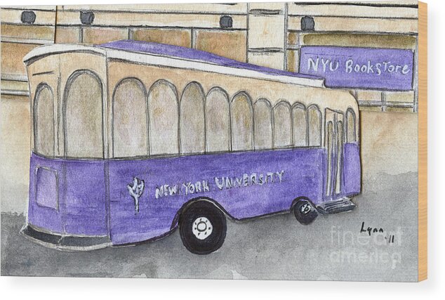Nyu Trolley Wood Print featuring the painting Vintage NYU Trolley by AFineLyne