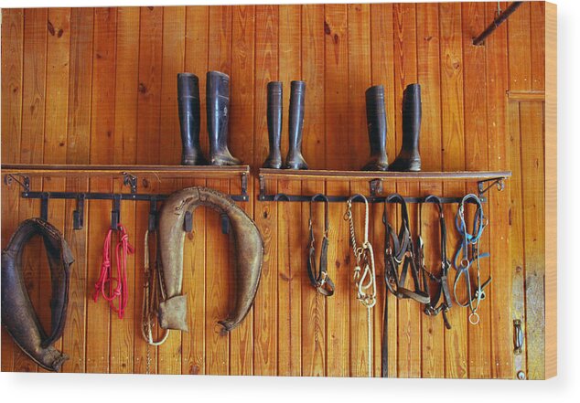 Tack Wood Print featuring the photograph Wall Tack and boots by Andy Lawless