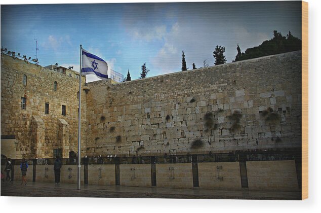 Jerusalem Wood Print featuring the photograph Western Wall and Israeli Flag by Stephen Stookey