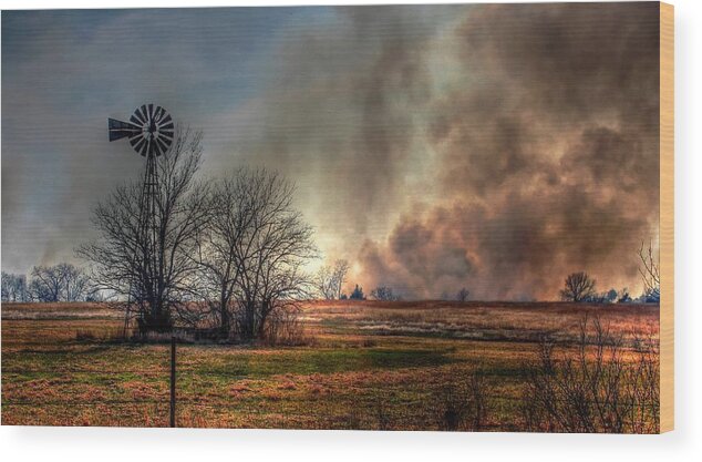 Windmill Wood Print featuring the photograph Windmill on a burning field by Karen McKenzie McAdoo