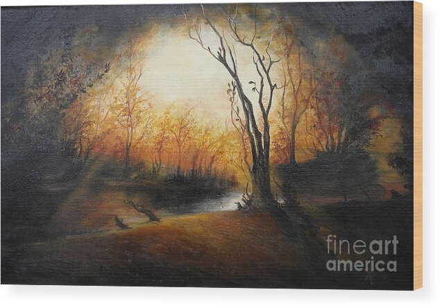 Landscape Wood Print featuring the painting Winter Night by Sorin Apostolescu