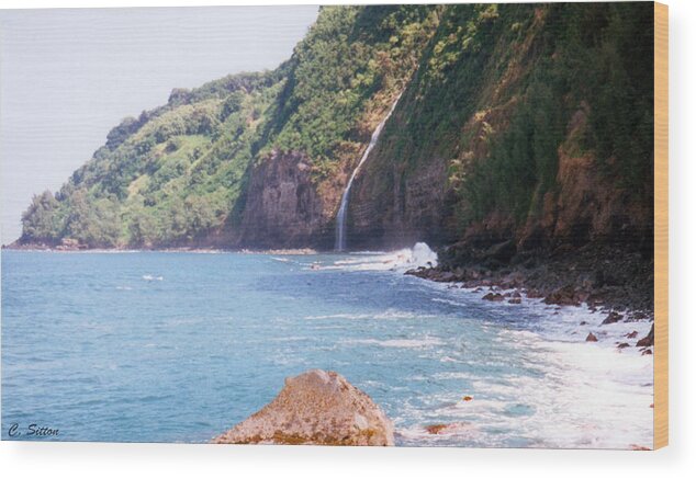 Na Pali Coast From Kalalau Trail Kauai Hawaii Valley Beach Photographs Wood Print featuring the photograph Na Pali Coast Waterfall by C Sitton