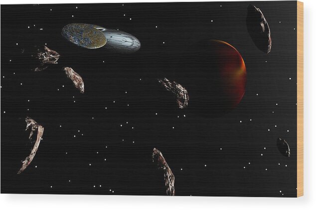 Fine Art Wood Print featuring the digital art Navigating an Asteroid Field by David Lane