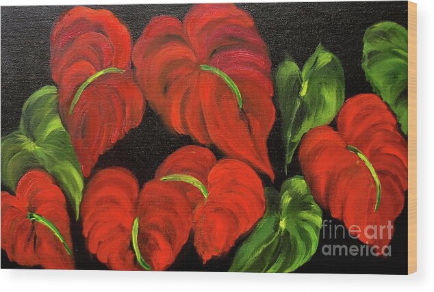 Red Flower Wood Print featuring the painting Dancing Anthuriums #1 by Jenny Lee
