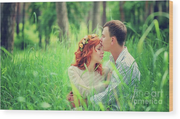 Adult Wood Print featuring the photograph Loving couple in the forest #2 by Anna Om