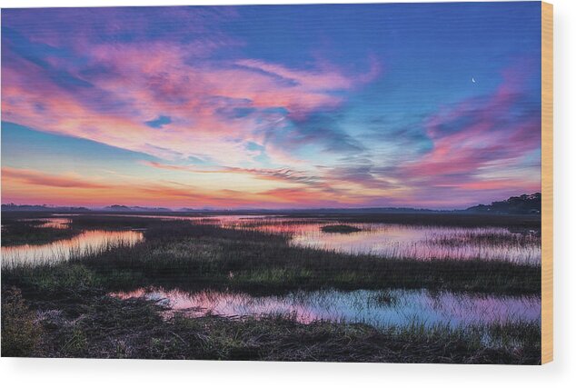 Oak Island Wood Print featuring the photograph Oak Island Marsh Sunrise by Nick Noble