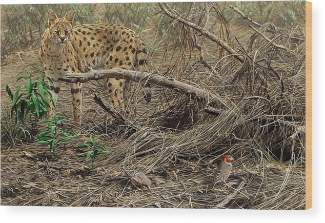 Serval Wood Print featuring the painting A Quiet Approach by Alan M Hunt