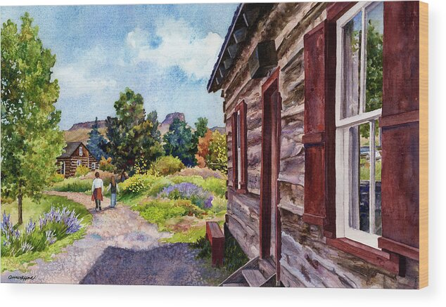 Log Cabin Painting Wood Print featuring the painting A Stroll Through Time by Anne Gifford