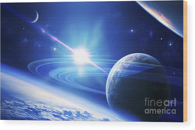 No People Wood Print featuring the digital art A View Of A Planet As It Looms In Close by Kevin Lafin