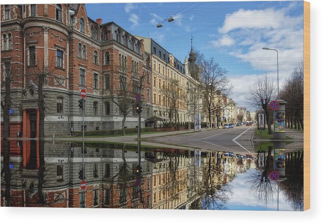 #city#street#water#flood#rain#colours#sky#reflection#travel#riga#latvia#clouds# Wood Print featuring the photograph after the rain...Riga Latvia by Aleksandrs Drozdovs