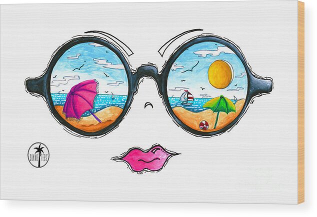 Beach Day Wood Print featuring the painting Beach Day Sunglass Design from the Sunnie Tees 2016 Collection by Megan Aroon