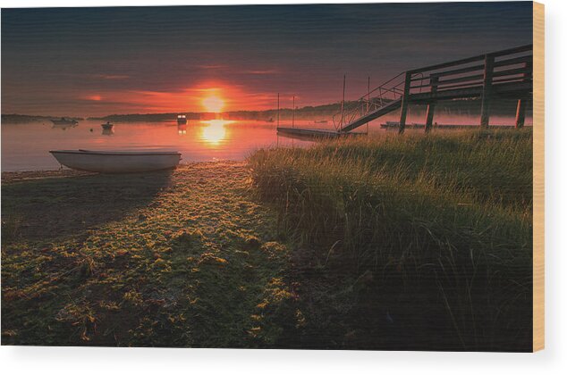 Cape Cod Landscape Print Wood Print featuring the photograph Boats On The Cove At Sunrise In The Fog by Darius Aniunas