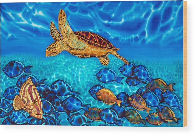Turtle Wood Print featuring the painting Caribbean Sea Turtle and Reef Fish by Daniel Jean-Baptiste