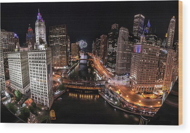 Chicago Wood Print featuring the photograph Chicago Night Live - Pano by Ryan Smith