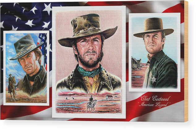 Clint Eastwood Wood Print featuring the painting Clint Eastwood American Legend 2nd ver by Andrew Read