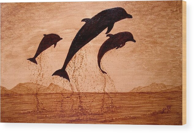 Original Coffee Art Payful Dolphins Wood Print featuring the painting Coffee Painting Dolphins Playing by Georgeta Blanaru