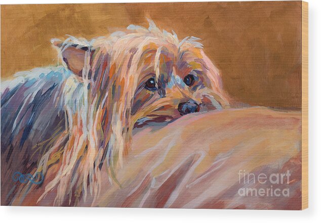 Yorkie Wood Print featuring the painting Couch Potato by Kimberly Santini