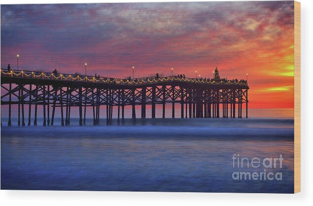 Crystal Pier Wood Print featuring the photograph Crystal Pier in Pacific Beach decorated with Christmas lights by Sam Antonio