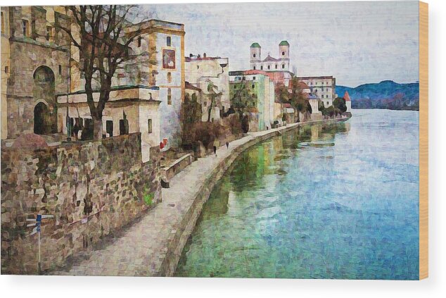 Danube River Wood Print featuring the mixed media Danube River at Passau, Germany by Tatiana Travelways