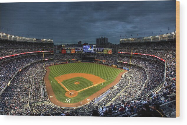 Yankee Stadium Wood Print featuring the photograph Dark Clouds over Yankee Stadium by Shawn Everhart