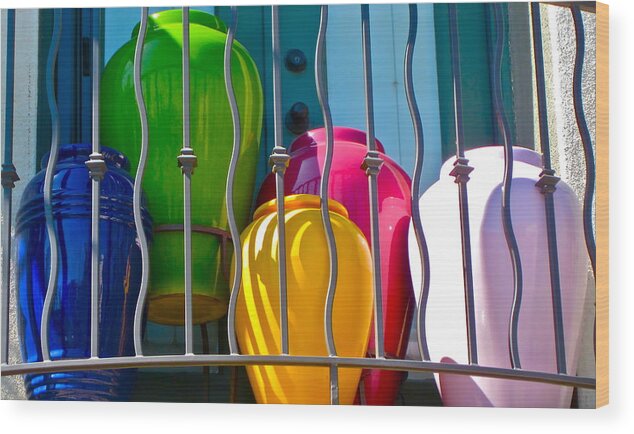 Photograph Of Colorful Pots Wood Print featuring the photograph Deck Party by Gwyn Newcombe