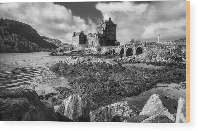 Eilean Donan Wood Print featuring the photograph Eilean Donan Castle in black and white by Holly Ross