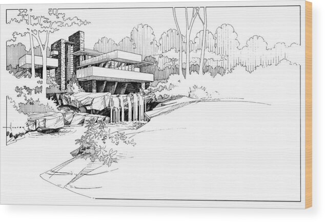 Fallingwater Wood Print featuring the drawing Fallingwater by Larry Hunter