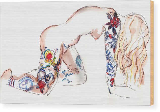 Erotic Art Wood Print featuring the mixed media Forever Amber - tattoed nude by Carolyn Weltman