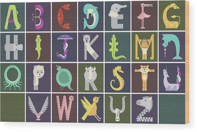 Animal Alphabet Wood Print featuring the digital art Horizontal Animal Alphabet Complete Poster by Jen Montgomery